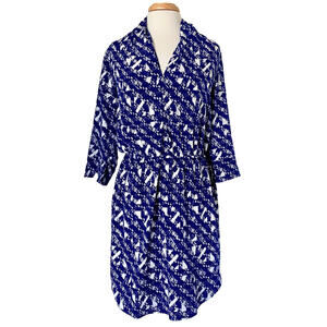 NWT Renee C. Blue White Print V-Neck Shirt Dress Long Sleeve Knee-Length L